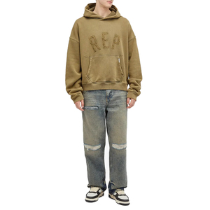 Sweat à capuche double personnalisé pour homme, patchwork, broderie vieillie, coupe carrée, court, oversize, en molleton uni, écologique, respirant, 100 % coton - Product Image 3