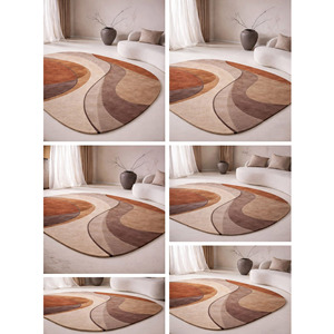 Tapis rond contemporain beige brun abstrait fait main, décoration intérieure, cadeau de Noël pour salon, chambre à coucher, utilisation en pique-nique - Product Image 5