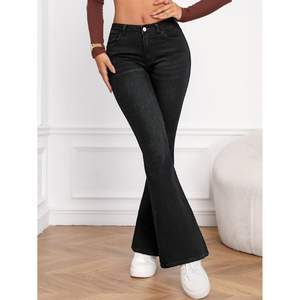 Vaqueros OSCA Vintage de mujer de talle alto negros acampanados de mezclilla, ecológicos, duraderos, elásticos, con acabado de calidad premium, varios modelos. - Product Image 4