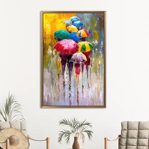 Modern Colorful Rainy Day Canvas Art: <b>Printed</b> <b>Wall</b> Decor with Umbrella Theme,Gold Framed - Product Image 1