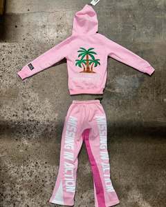 Custom Zip up Sweatsuit Applique Patch <b>Embroidery</b> Distressed Hoodie Jogging Tracksuit Flared Sweatpants and Hoodie <b>Set</b> - Product Image 1
