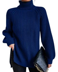 Customized <b>Navy</b> <b>Blue</b> Turtleneck Knit Sweater For <b>Women</b> Winter Warm Soft Ribbed Pullover Long Sleeve Casual Loose Fit Top - Product Image 1