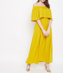 เดรสยาวพิมพ์ลายดอกไม้สีเขียวมัสตาร์ดสำหรับผู้หญิง พรีเมียม คอเปิดไหล่ แต่งระบายหลายชั้น ไซส์พลัส สไตล์ลำลอง ตกแต่งด้วยลูกไม้ ทรงเอไลน์ - Product Image 5