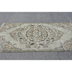 Classic Beige <b>Brown</b> <b>Wool</b> Rug 4.2 X 9 ft Handmade Turkish Rectangle Patchwork Latex Backing for Living Room or Teen's Bedroom - Product Image 3