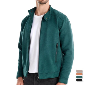 <b>Men's</b> New Casual Business Faux Leather <b>Trucker</b> <b>Jacket</b> Stand Collar Zip with Plain Dyed Canvas Fashionable Suede Coat - Product Image 1