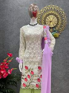 Travail de broderie indienne prêt à l'emploi 3 pièces ensemble concepteur pakistanais vêtements ethniques Georgette tissu Sharara Gharara Kurti cousu - Product Image 4