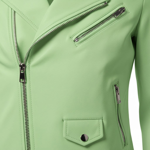 Veste de moto en cuir vert clair en gros, prix d'usine personnalisé, cuir véritable, style motard, manteau pour femmes - Product Image 6