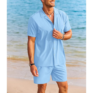 Chándal de dos piezas de manga corta para hombre, conjunto informal de camisa y pantalones cortos con cuello cubano, chándal de verano para correr - Product Image 5