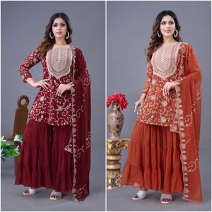 Top DE TRABAJO DE Bordado de hilo pesado de Georgette y Sharara con bordado elegante Dupatta - Product Image 2
