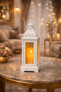 Lanterne élégante en métal blanc avec panneaux en verre, lumière de bougie chaleureuse, décoration classique et festive pour la maison, cadeau haut de gamme - Product Image 4