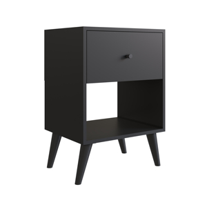 Mesa de Noche de Estilo Moderno RETRO con 1 Cajón, Mueble de Madera para Dormitorio, Aglomerado Negro, Diseño Brasileño, Fácil Montaje, Plano - Product Image 1
