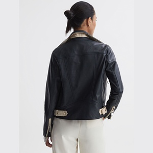 Chaqueta de Cuero para Motocicleta de Invierno para Mujer, Piel de Vaca Genuina, Estampada, Impermeable, con Bordado, Diseño Moderno - Product Image 5