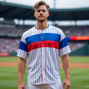 Camiseta de béisbol con botones y sublimación personalizada, ropa deportiva, línea a rayas, camiseta de béisbol, camisetas de manga corta con cuello en V, Camiseta deportiva - Product Image 1