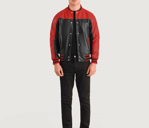 Men's Red Black PU Leather Bomber <b>Jacket</b> Casual Turn-down Collar Button Closure Color Blocking Autumn Wear - Product Image 5