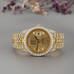 นาฬิกาหรูหราประดับเพชรโมอิสซาไนต์เต็มหน้าปัด ตัวเรือนสีทอง สายยางสแตนเลส ขนาด 20 มม. หน้าปัดกระจก เครื่องประดับฮิปฮอป ระยิบระยับอย่างมีระดับ - Product Image 1