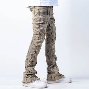 Pantalones Acampanados de Cintura Media para Hombre, Estilo Urbano, de Algodón y Spandex, Ajuste Regular, Jeans Apilados Desgastados, Transpirables y de Peso Pesado para Otoño - Product Image 4