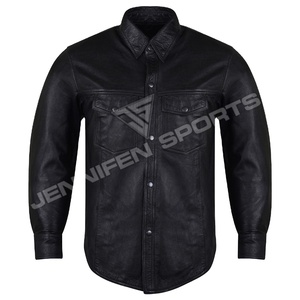 Chemise en cuir pour hommes Biker Motorcycle Cuir de vachette véritable Cuir lisse Poches avant Poitrine Fermeture à boutons Doublure intérieure en satin - Product Image 1