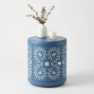 All New Handcrafted Bone Inlay Round <b>Side</b> <b>Table</b> Luxury Blue Floral Pattern Drum Bedside <b>Table</b> With <b>Storage</b> Drawer For Home & Hot - Product Image 5