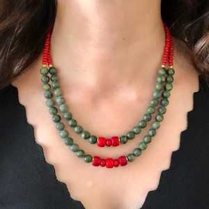 Collar de coral y Jade para mujer, piedras preciosas rojas y verdes con cuentas hechas a mano, joyería llamativa, Coral y jade - Product Image 5