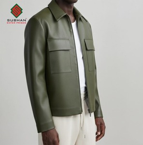 <b>Men's</b> Winter Casual <b>Trucker</b> <b>Jackets</b> Olive Green Synthetic Leather Mandarin Collar Zipper Solid - Product Image 5