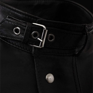 Veste moto en cuir véritable noir pour homme, col montant, fermeture à boutons, coupe ajustée, longueur normale, couleur unie 2027 - Product Image 4