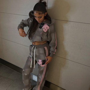 Bonne qualité Vintage Street Style survêtement 100% coton rayé en détresse survêtement sweat à capuche court broderie patch pour les femmes - Product Image 2