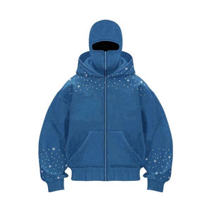 Sudadera con capucha tipo pasamontañas Y2K para hombre con logotipo personalizado OEM, cremallera completa, máscara de esquí, apliques de diamantes de imitación, forro polar grueso de algodón, ecológica, para primavera - Product Image 4