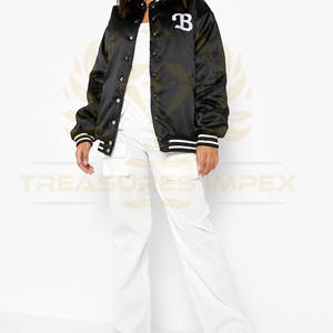 Blousons aviateur en satin avec broderie pour femmes vestes à manches longues style baseball universitaire avec logo - Product Image 3