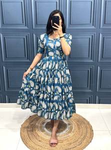 Western Style Huge Flair Pattern Floral Printed Button Work Knee Length Anarkali Gown / <b>Kurta</b> Set For <b>Women</b> Or Girls Special - Product Image 3