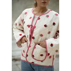 Women's Boho Chic White Cotton Quilted Kantha <b>Jacket</b> <b>Short</b> Suzani Kimono Coat Strawberry Embroidery Handmade All Season Warm - Product Image 1