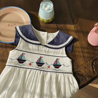 Robe smockée Jiefute style nautique, robe smockée à la machine pour filles, broderie bateau à voile et phare, vêtements d'été pour enfants, offre OEM/ODM