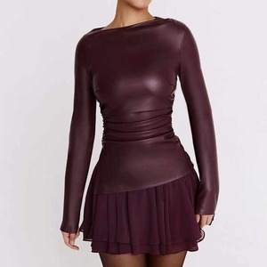 النساء الشتاء عارضة طويلة الأكمام قمم بو الجلود مطوي - Product Image 2