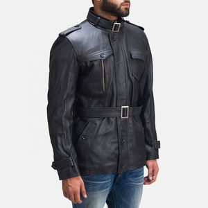Custom Black Leather <b>Jacket</b> for <b>Men</b> with Pockets and Belt <b>Safari</b> Leather <b>Jacket</b> Customized Leather Sleeves Full Customized - Product Image 4