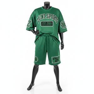 High Quality <b>Men</b> Mesh Jersey <b>Short</b> Set Soft Polyester Fabric Athletic Fit <b>Green</b> Custom Heat Transfer Logo Mesh Jersey <b>Short</b> Set - Product Image 6
