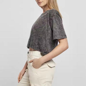 Venta al por mayor de las mujeres personalizadas de estilo lavado ácido Camiseta de cuello redondo de poliéster pesado/algodón de color gris - Product Image 2