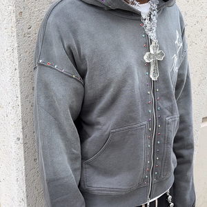 Sweat à capuche personnalisé avec rivet strass Vintage dégradé lavage à l'acide coton éponge français veste polaire zippée en détresse Streetwear à capuche - Product Image 2