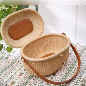 Eco-Friendly <b>Round</b> Camping Picnic Bamboo Rattan Storage <b>Basket</b> <b>with</b> Wooden <b>Lid</b> Handle Custom Design Multifunction for 2 People - Product Image 5