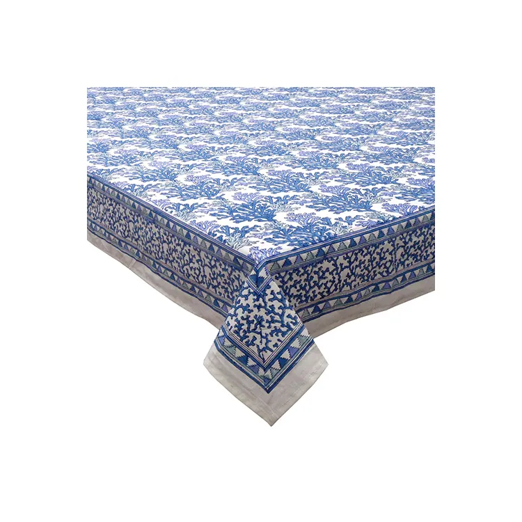 Tischdecke Blue Hand Block Printed Bestickte zeitlose Handwerks kunst Tischdecken aus reiner Baumwolle zum Verkauf