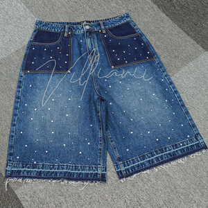Summer Sexy Ripped Man Designer Street Gem Diamond Crystal Rhinestone Beaded High Waist Straight Woven Custom Denim Shorts - Product Image 4