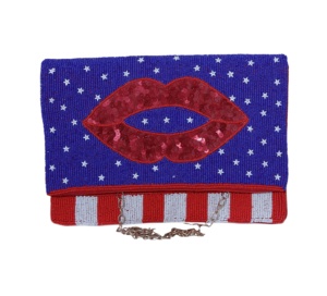 กระเป๋าประดับลูกปัดทำด้วยมือมีซิปปิดกระเป๋าสะพายข้างดีไซน์ริมฝีปากสีแดงสีน้ำเงินสายเดี่ยวล่าสุดธงสหรัฐอเมริกาสีสันสดใสลูกปัดซับในโพลีเอสเตอร์ - Product Image 1