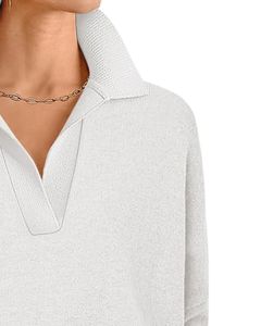 <b>Women</b> <b>White</b> Collared V Neck Knit Sweater Long Sleeve Loose Fit Soft Winter Pullover Casual Elegant Daily Wear Top For <b>Women</b> - Product Image 2