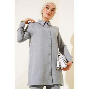 Ensemble 2 pièces en lin avec boutons supérieurs gris - Product Image 3