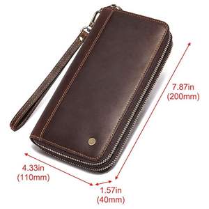 Cartera larga de cuero genuino para hombre, doble cremallera con correa para la muñeca, cartera larga para hombre, monederos para teléfono móvil - Product Image 4