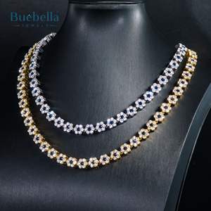 Hot Sale 925 Sterling Silver 10mm <b>Iced</b> & Dark Blue Stone Flower Link <b>Chain</b> 14K Gold Plated Hip Hop for Men Moissanite Necklaces - Product Image 2