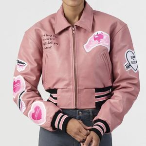 Vestes de baseball courtes en cuir PU de haute qualité pour femmes, vestes bomber, vestes de moto personnalisées avec des patchs en chenille - Product Image 5