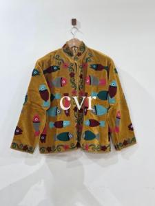 Abrigo de terciopelo vintage bordado con cuello mandarín, manga larga, diseño de peces, hecho a mano, para mujer adulta, ropa exterior informal de invierno - Product Image 1