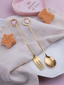 Premium Gold Long Handle Spoon <b>Fork</b> Stainless Steel Star Heart Pendant Coffee <b>Dessert</b> Mixing Spoon Elegant Decorative Cutlery - Product Image 3