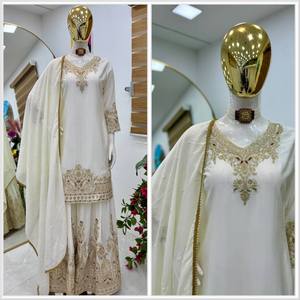Ethenic Series Plazzo Sharara Salwar Kameez with <b>Top</b> and Supatta Heavy Wedding Wear for Modern Party <b>Festive</b> Season CHINON SILK - Product Image 2