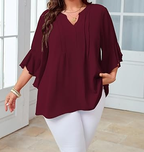 เสื้อทรงหลวมคอวีแขนสั้นสำหรับผู้หญิงเบอร์กันดีเสื้อมีชายต่ำผ้าชีฟองสีพื้นน้ำหนักเบาสำหรับสวมใส่ทุกวัน - Product Image 6
