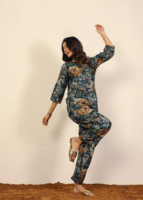 Ensembles deux pièces à imprimé floral multicolore vert haut court à col en V et pantalon large 100% coton ensemble coordonné imprimés floraux